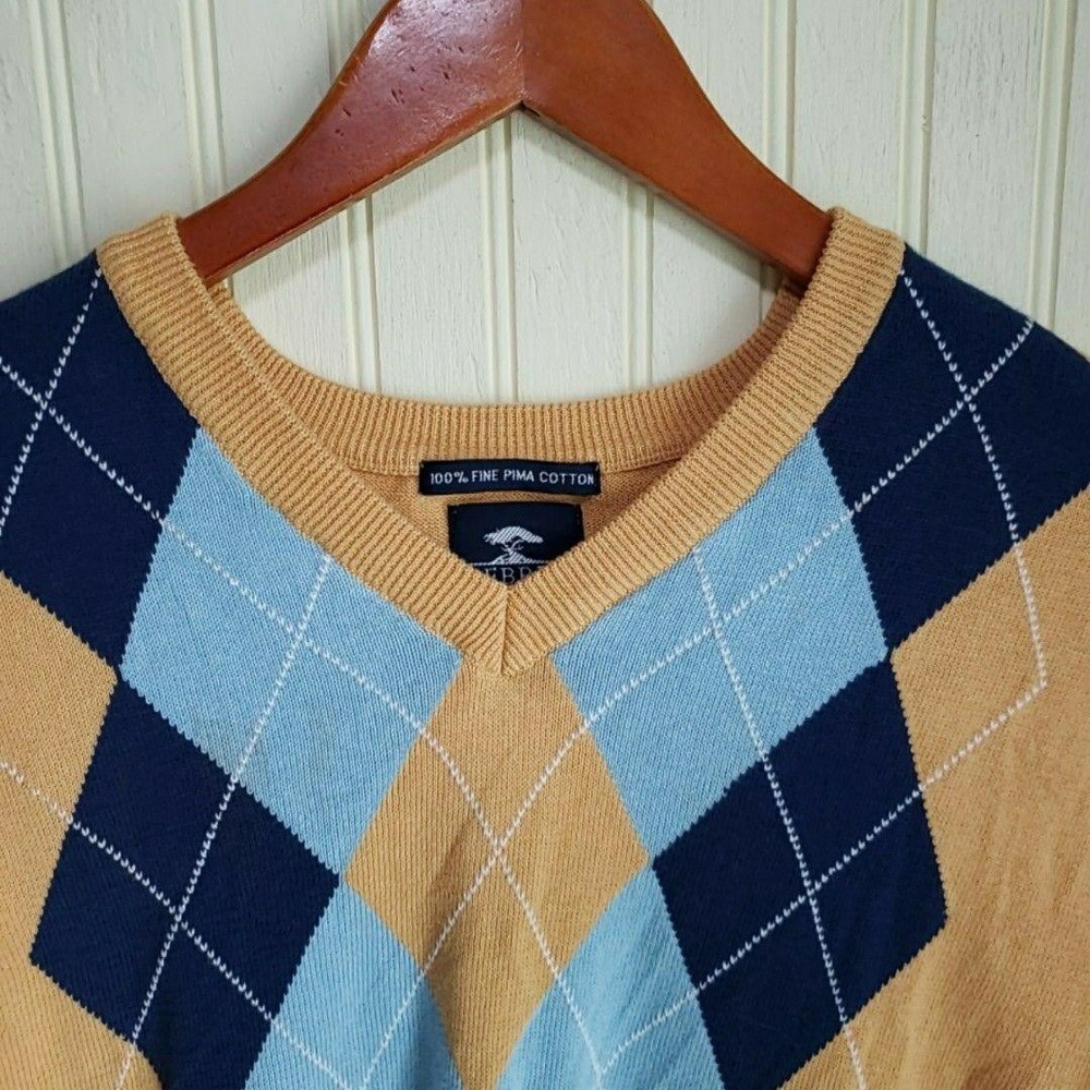 Pebble Beach Sweater Vest Mens XL Tan Blue Argyle 100% Pima Cotton V Neck Golf